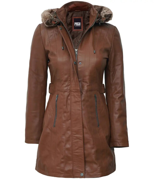 Hooded Brown Leather Long Shearling Coats For Women