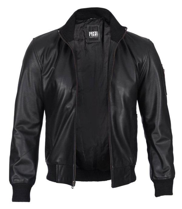 Black Premium Cowhide Leather Bomber Jacket Mens