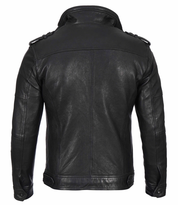 Black Mens Waxed Cafe Racer Leather Jacket - Image 2