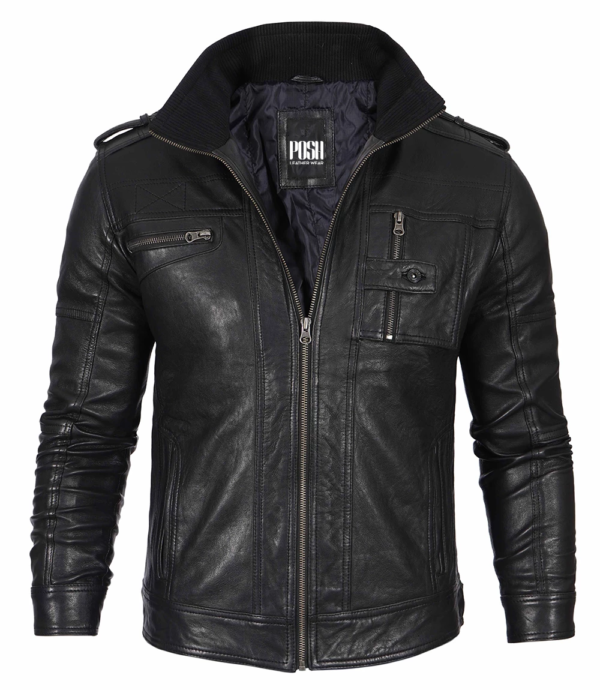 Black Mens Waxed Cafe Racer Leather Jacket