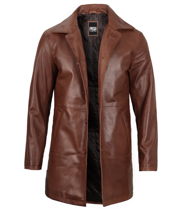 Tan Men's Distressed 34 Length Leather Car Coat