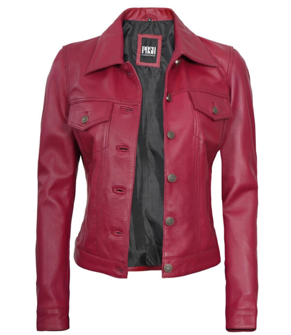 Fernando Womens Pink Leather Trucker Jacket