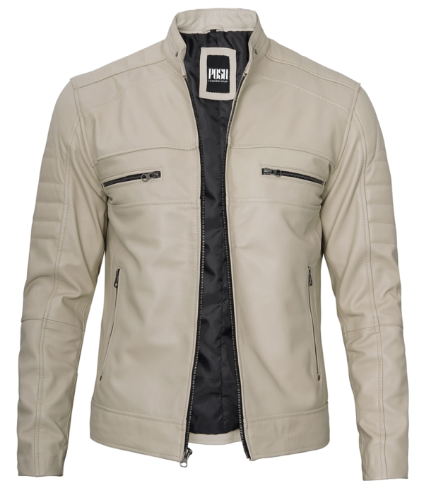 Beige Men Cafe Racer Real Leather Jacket