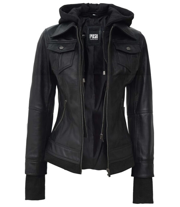 Betty Womens Petite Black Leather Jacket With Removable Hood