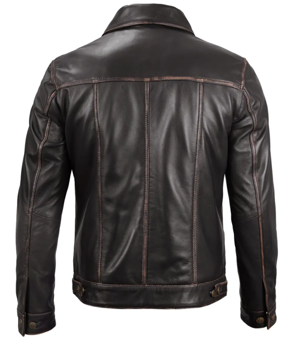 Dark Brown Leather Trucker Jacket Men's - Image 2