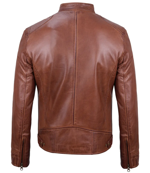 Dodge Mens Cognac Cafe Racer Leather Jacket - Image 2