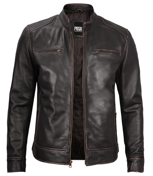 Dodge Men's Rub-Off Dark Brown Cafe Racer Leather Jacket