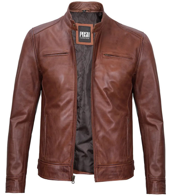 Dodge Mens Cognac Cafe Racer Leather Jacket