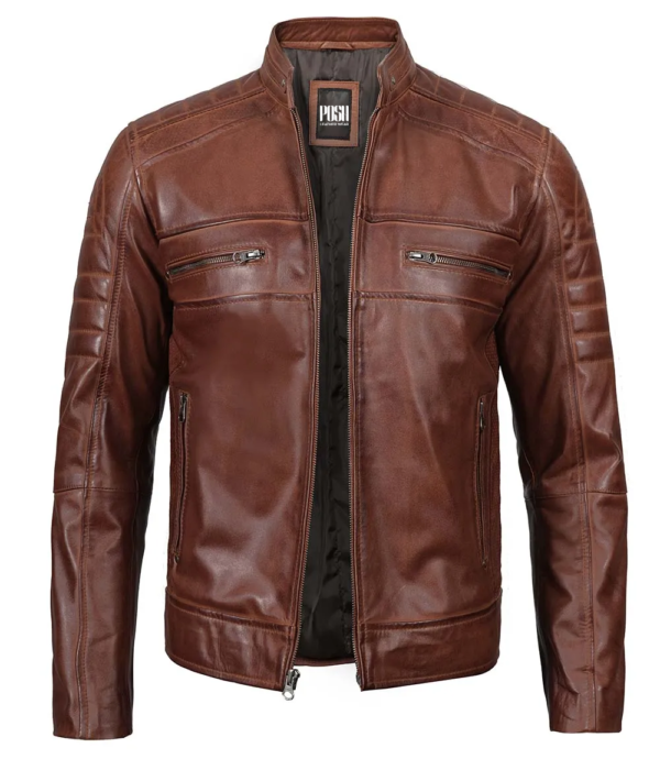 Austin Men Premuim Cafe Racer Cognac Leather Jacket