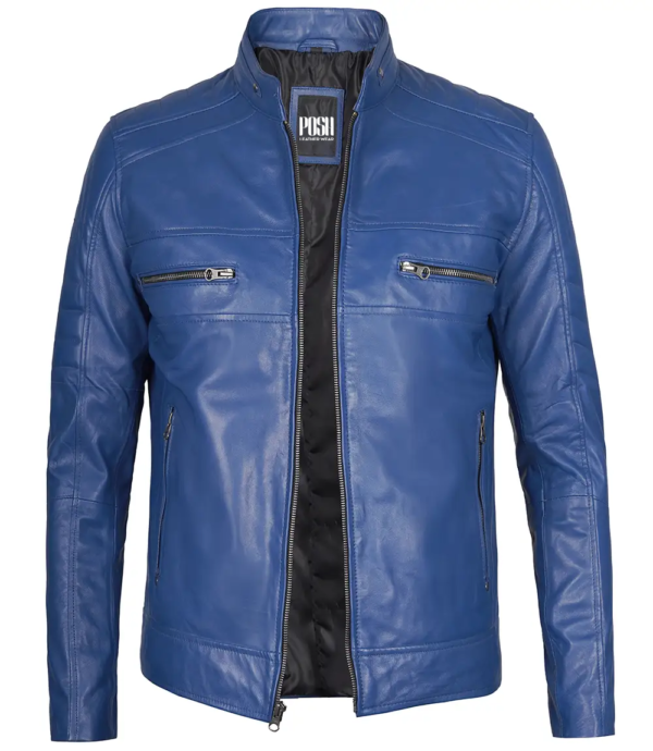 Austin Men Cafe Racer Blue Real Leather Jacket