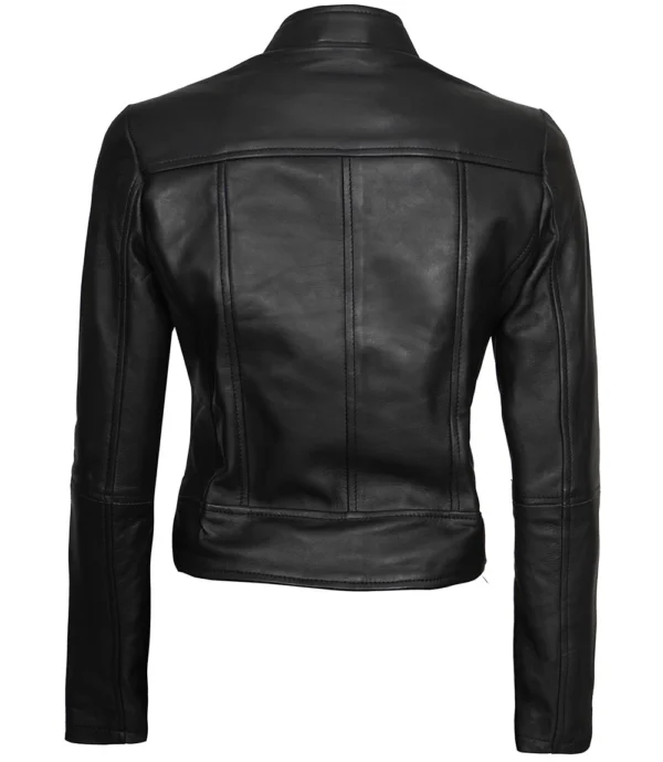 Womens Black Cafe Racer Leather Jacket - Image 2