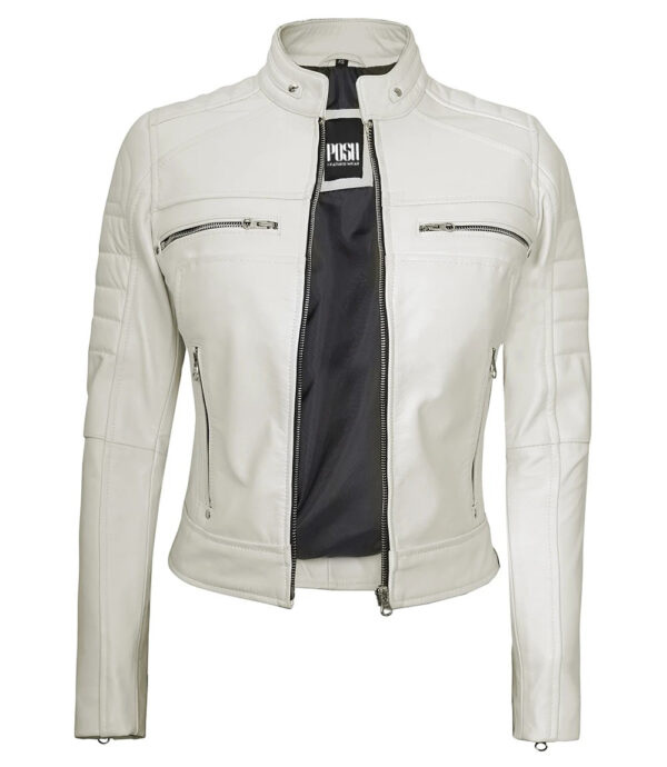 Austin Women's Off White Cafe Racer Biker Real Leather Jacket