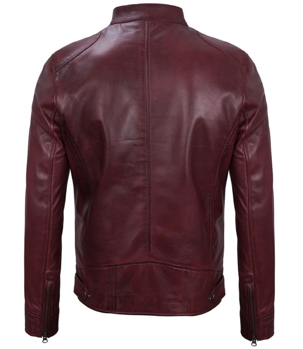 Mens Maroon Leather Cafe Racer Motorcycle Jacket - Image 2