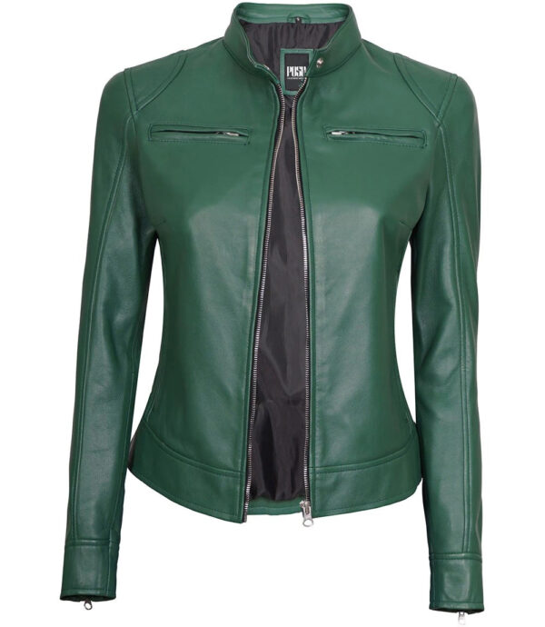 Dodge Green Motorcycle Cafe Racer Leather Jacket Women's