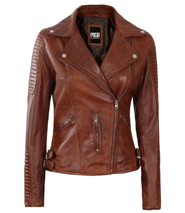 Bari Womens Cognac Brown Asymmetrical Leather Moto Jacket