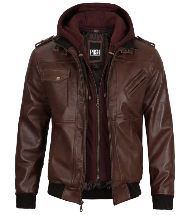 Mens Dark Brown Leather Bomber Jacket With Hood - Image 3