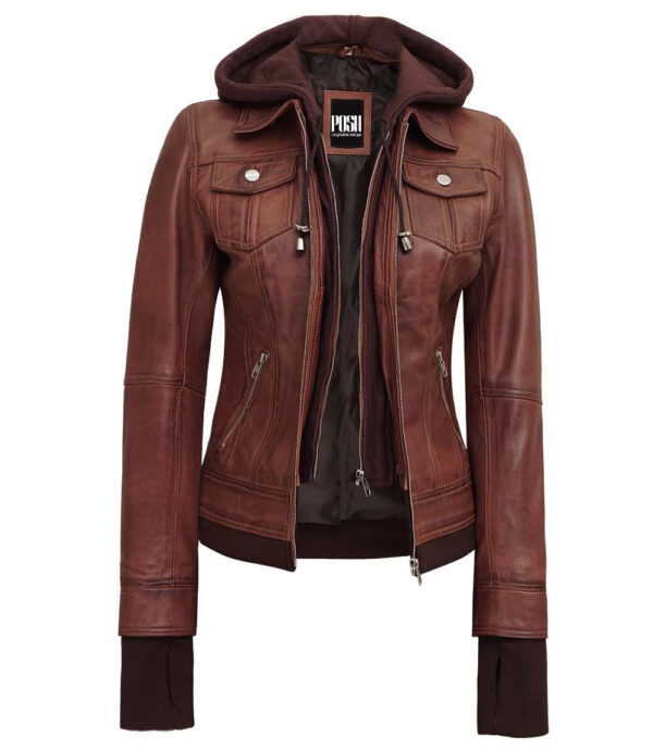 Dark Brown Womens Bomber Leather Jacket With Removable Hood