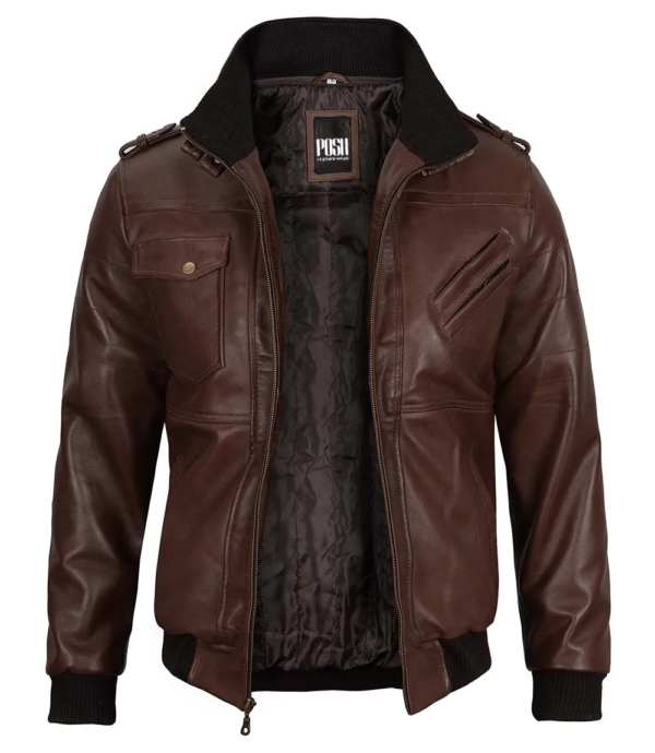 Mens Dark Brown Leather Bomber Jacket With Hood