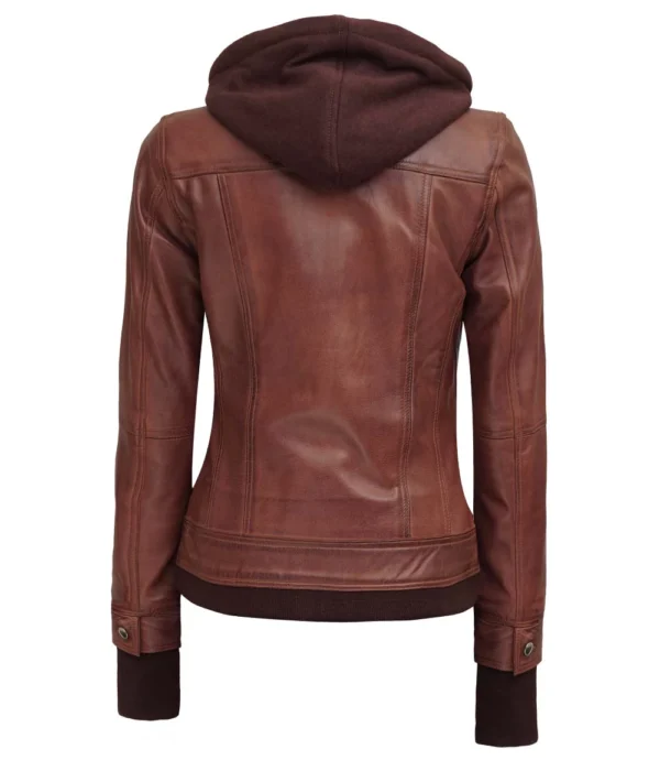 Dark Brown Womens Bomber Leather Jacket With Removable Hood - Image 2