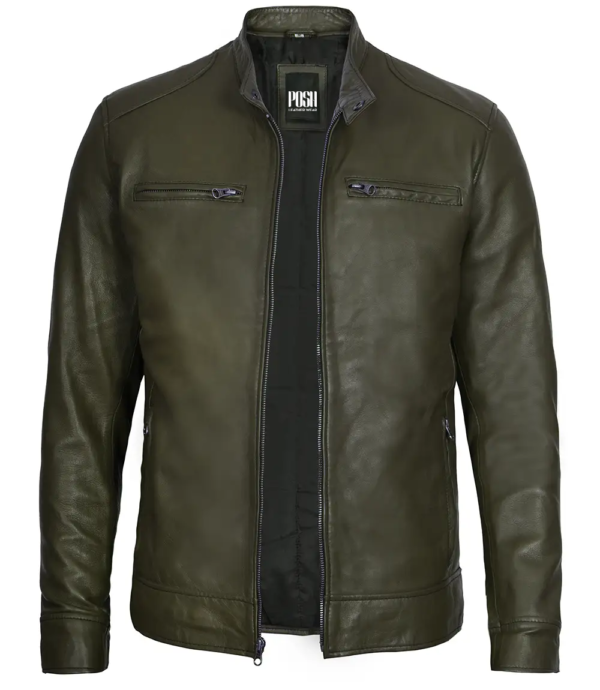 Dodge Men's Green Cafe Racer Leather Jacket