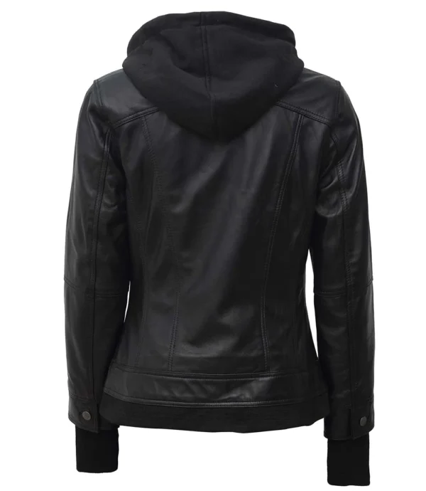 Betty Womens Petite Black Leather Jacket With Removable Hood - Image 2