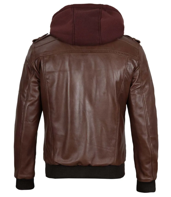 Mens Dark Brown Leather Bomber Jacket With Hood - Image 2