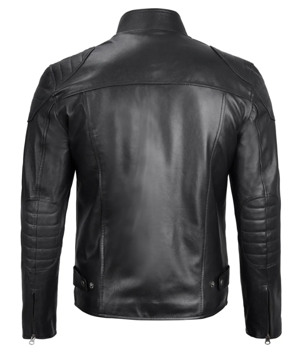 Black Real Leather Cafe Racer Jacket - Image 2