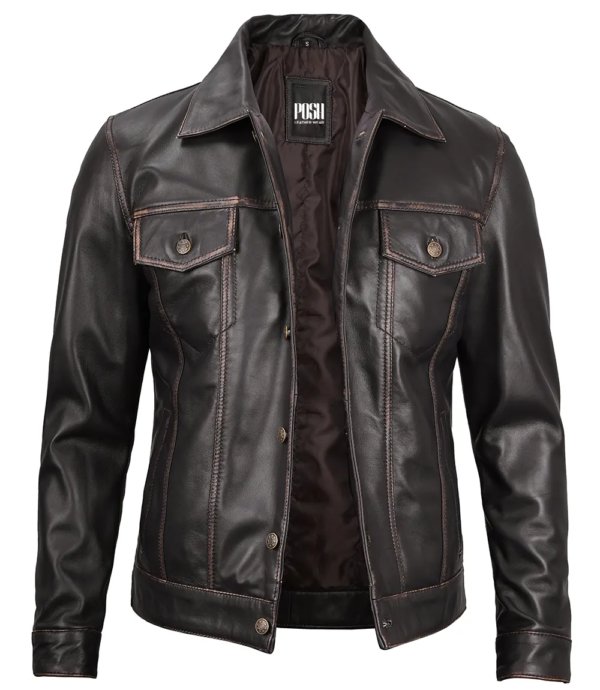 Dark Brown Leather Trucker Jacket Men's