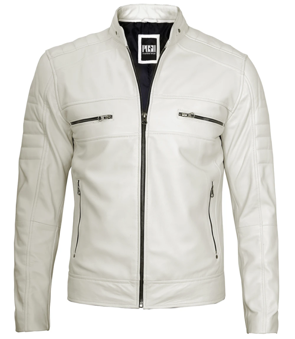 Austin Men Cafe Racer Off White Real Leather Jacket