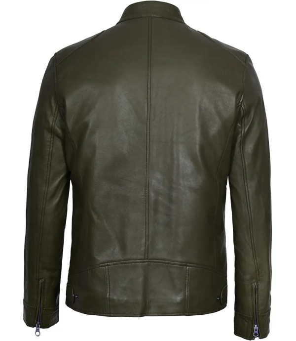 Dodge Men's Green Cafe Racer Leather Jacket - Image 2