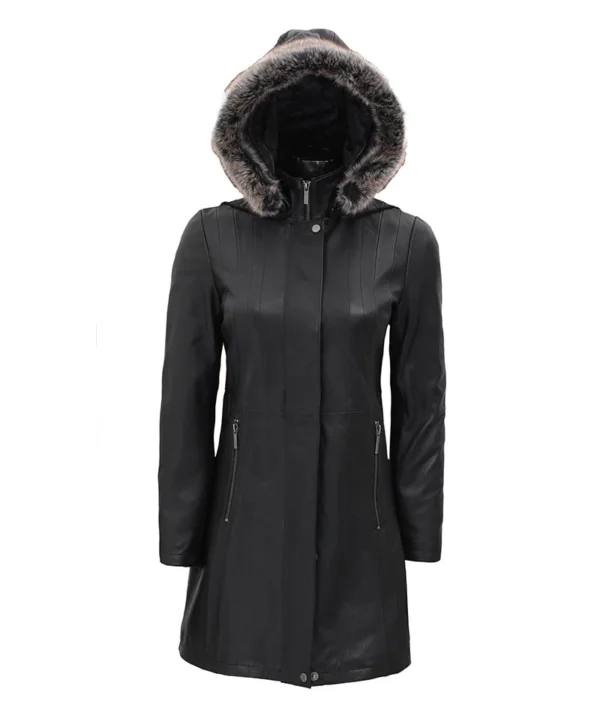 Black Leather Hooded Shearling Coat For Women